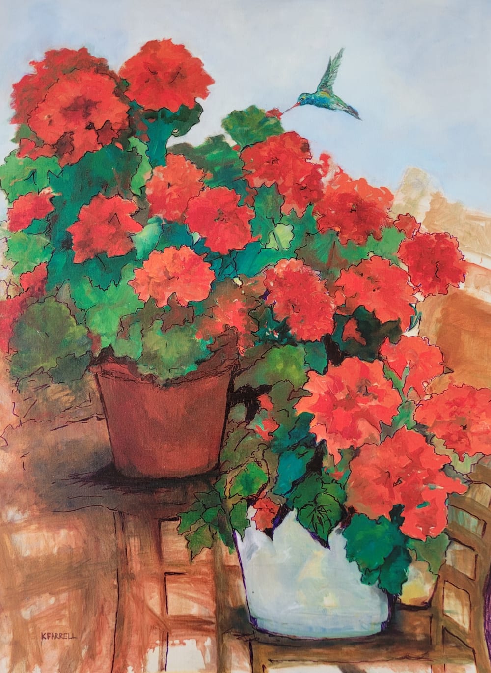 Geraniums and Hummingbird by Karolyn Farrell